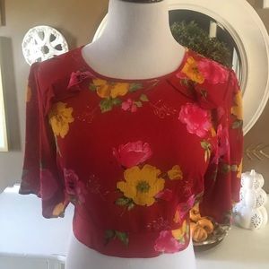 Bleuh Ciel Women’s Open Back Crop Top Shirt Red Floral Size Large NEW